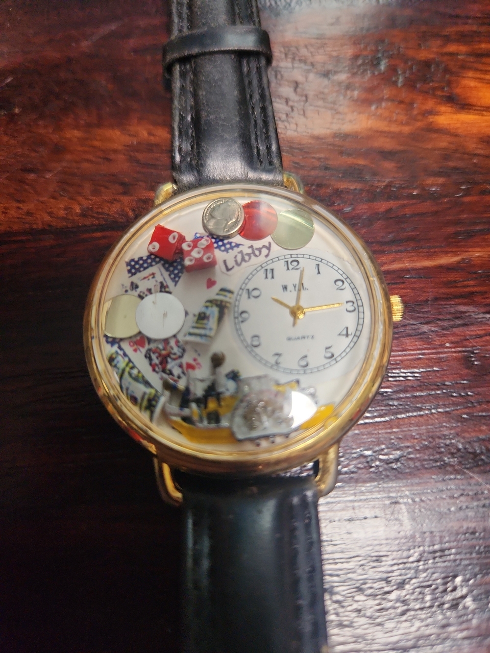 Women's Gold-Tone Novelty Quartz Watch with Black Strap